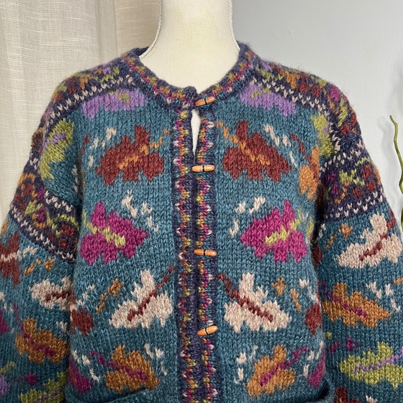 Newari 100%‎ Wool Handknit Cardigan Sweater Jacket Lined Floral Nepal Size Small - Picture 3 of 16